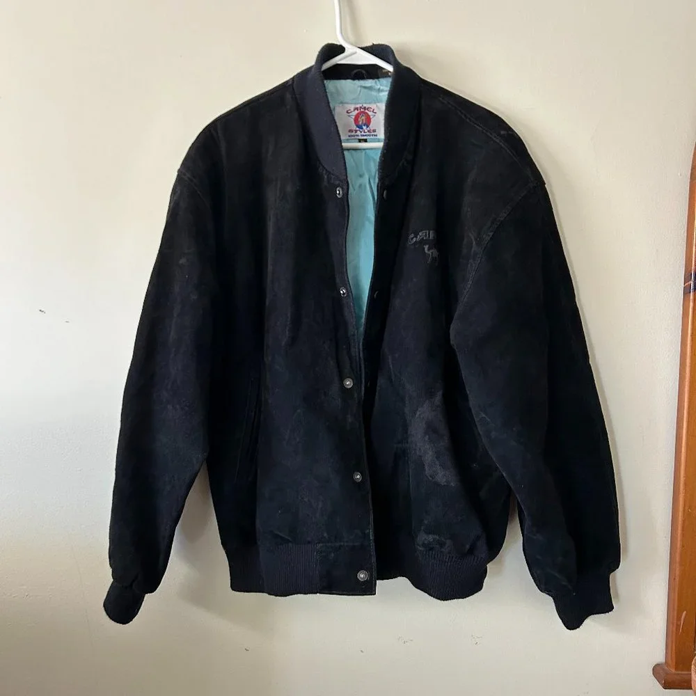 cigarette jacket Camel Jackets & Coats | Vintage Camel Cigarette Advertising Logo Suede Leather Bomber Jacket (Xl) | Color: Black/Blue | Size: Xl